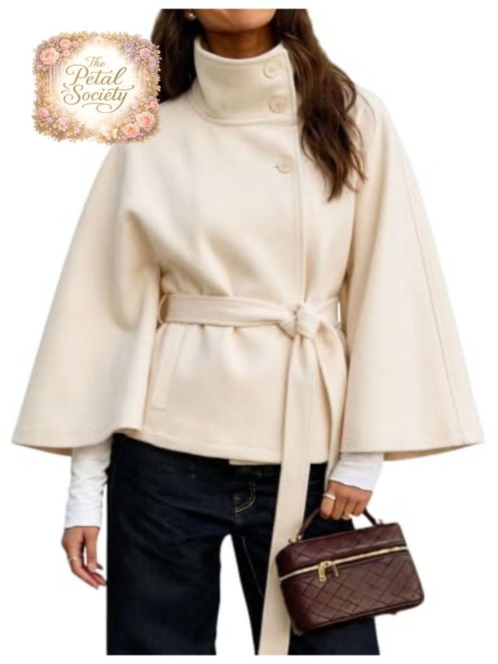 Batwing Sleeve Wool Blend Pea Coat Belted Stand Collar Winter Cropped Cape